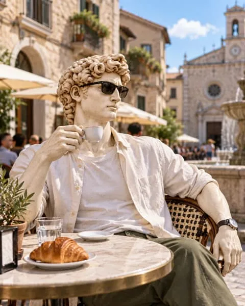 David having an espresso and a cornetto in a piazza