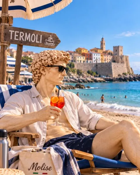 David on a deckchair on the beach in Termoli
