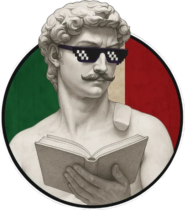 Go For ITaly mascot: Michelangelo's David with pixel sunglasses and a moustache, reading a book in front of the Italian flag