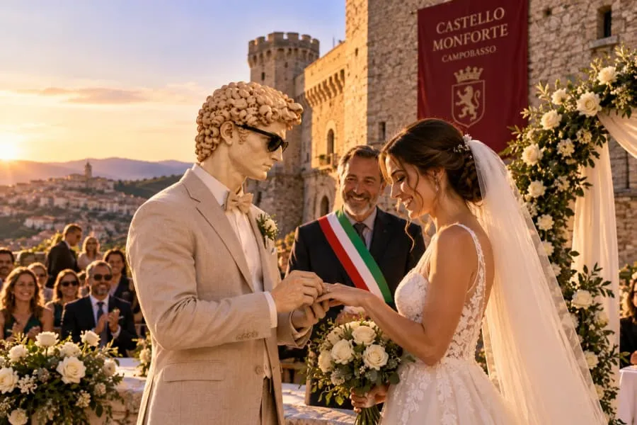 David marrying his bride in front of the Castello Monforte in Campobasso at sunset