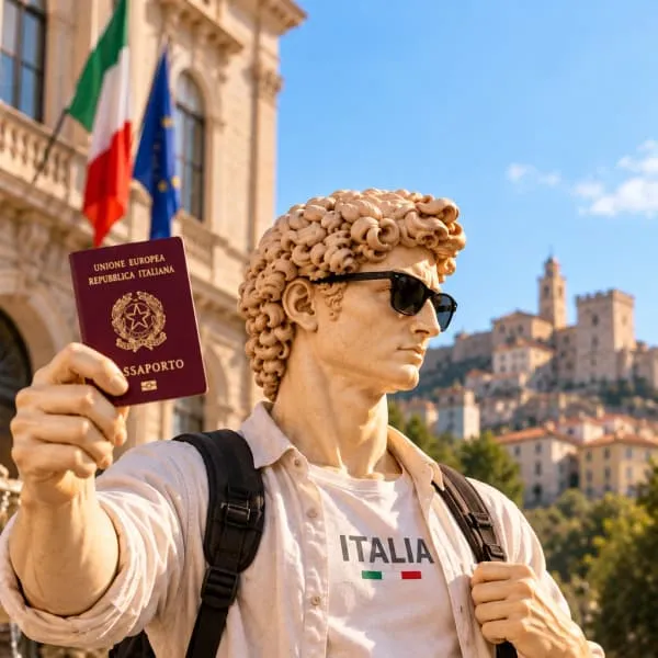 David holding an Italian passport in front of a town hall